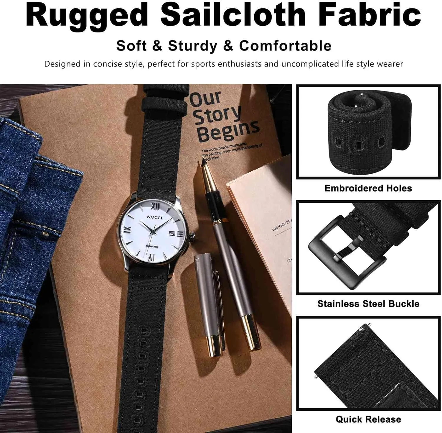 WOCCI Watch Bands, Sailcloth Canvas Fabric, Quick Release, Compatible Watch Lug Width 18mm 19mm 20mm 22mm 24mm
