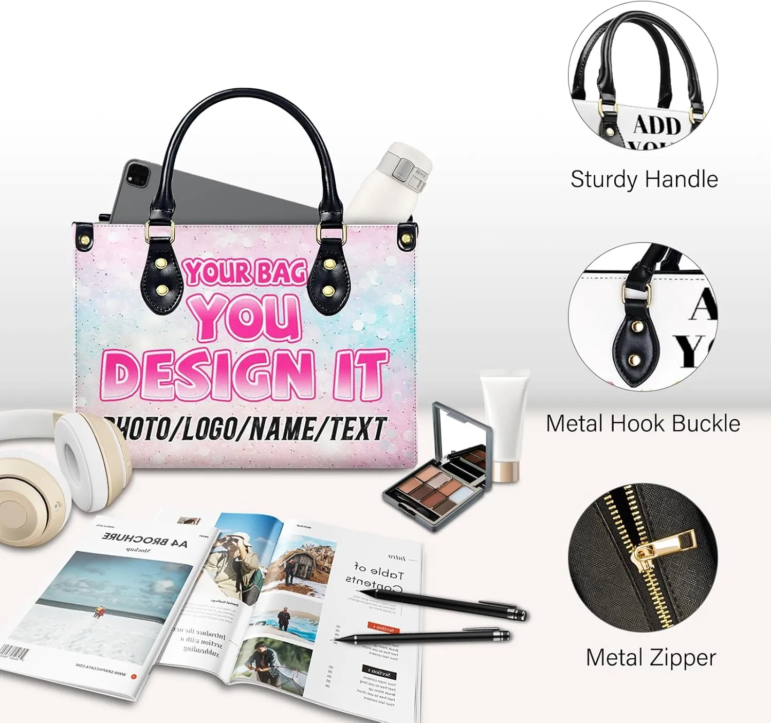 Women Handbag, Fashion Leather Top Handbag, Custom Name Photo Tote Bag, Gift for Mom Teacher Bridesmaid