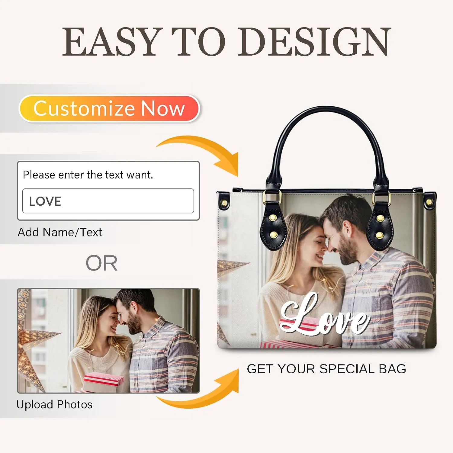 Women Handbag, Fashion Leather Top Handbag, Custom Name Photo Tote Bag, Gift for Mom Teacher Bridesmaid