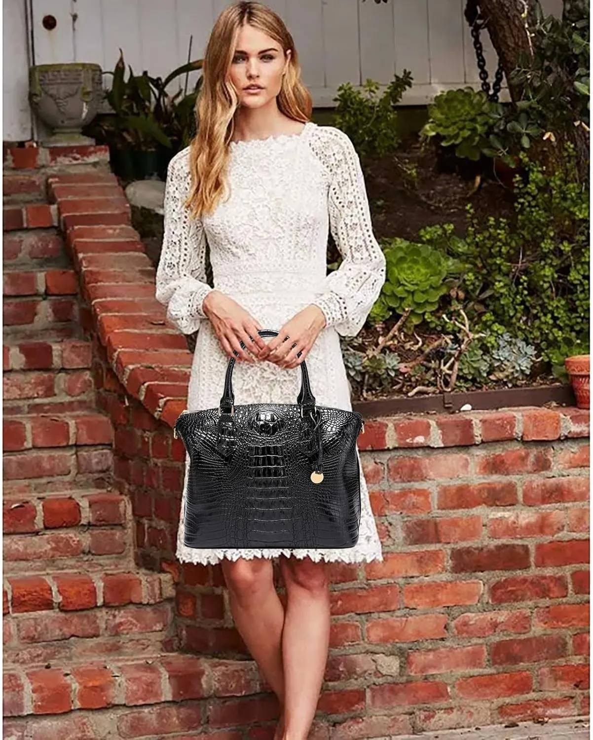 Women Purse Vegan Leather Crocodile-Embossed Pattern With Removable Shoulder Strap Top Handle Large Shoulder Bags