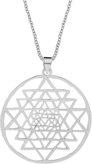 Women's 925 Sterling Silver Large Cosmic Tribal Sri Yantra Pendant Necklace, 18"