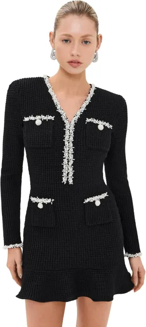 Women's Black Pearl Trim Knit Mini Dress