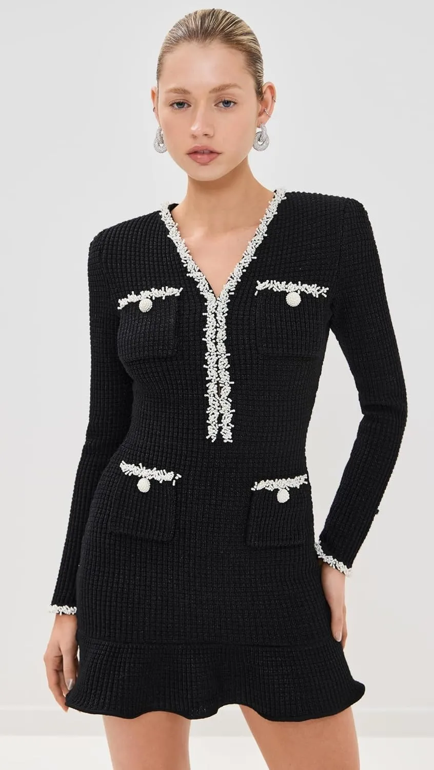 Women's Black Pearl Trim Knit Mini Dress
