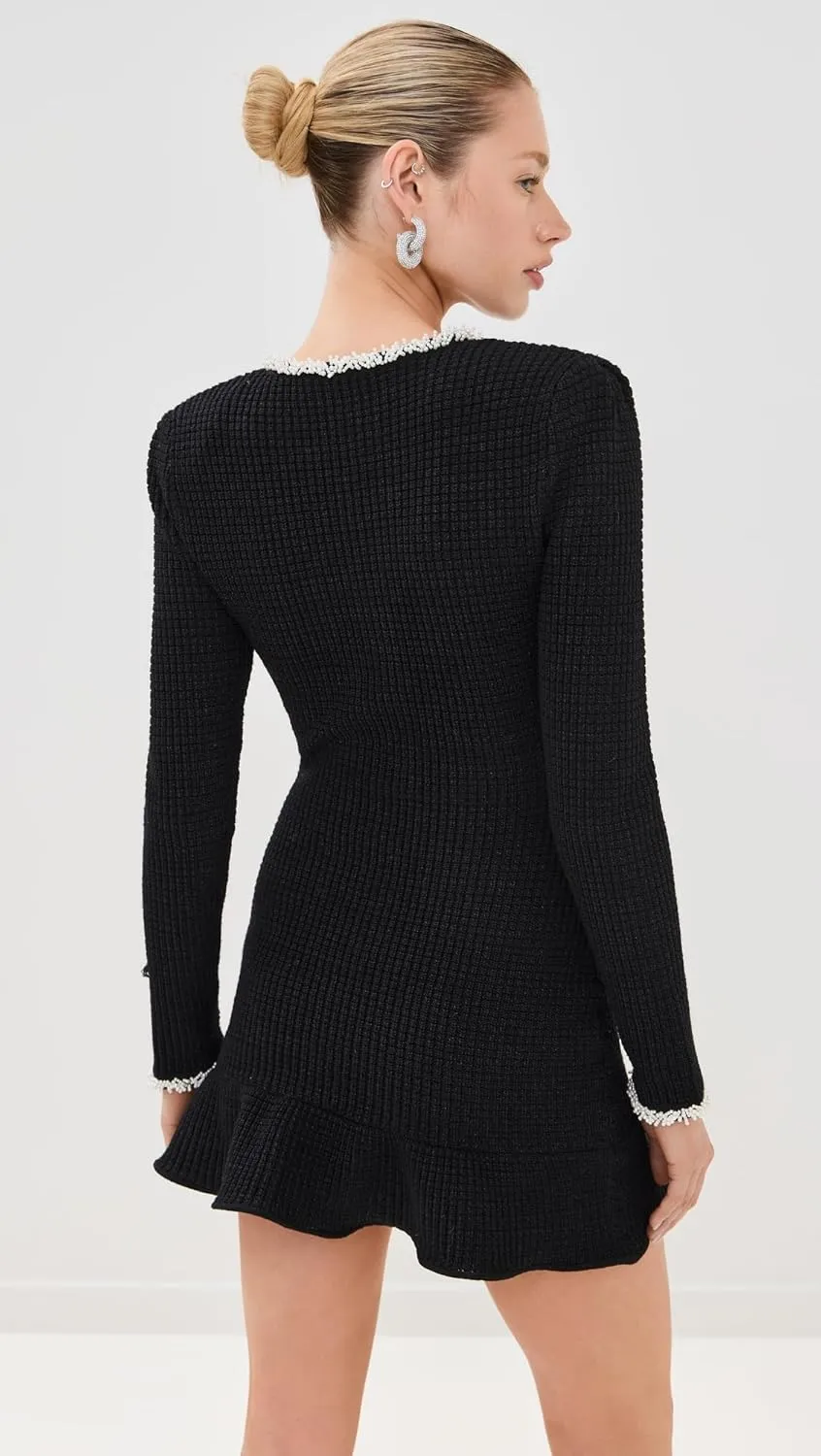 Women's Black Pearl Trim Knit Mini Dress