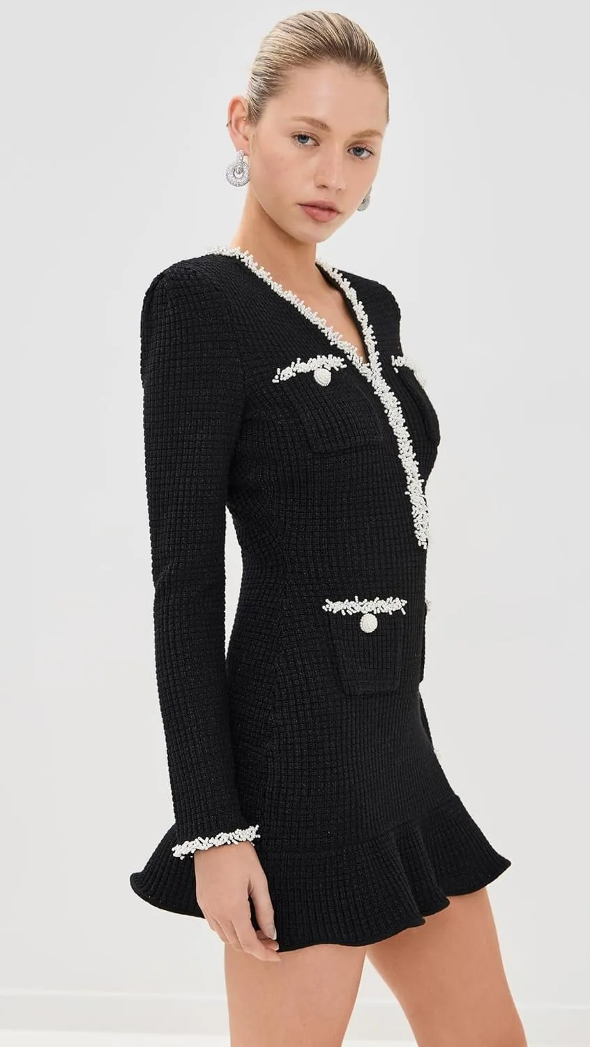 Women's Black Pearl Trim Knit Mini Dress