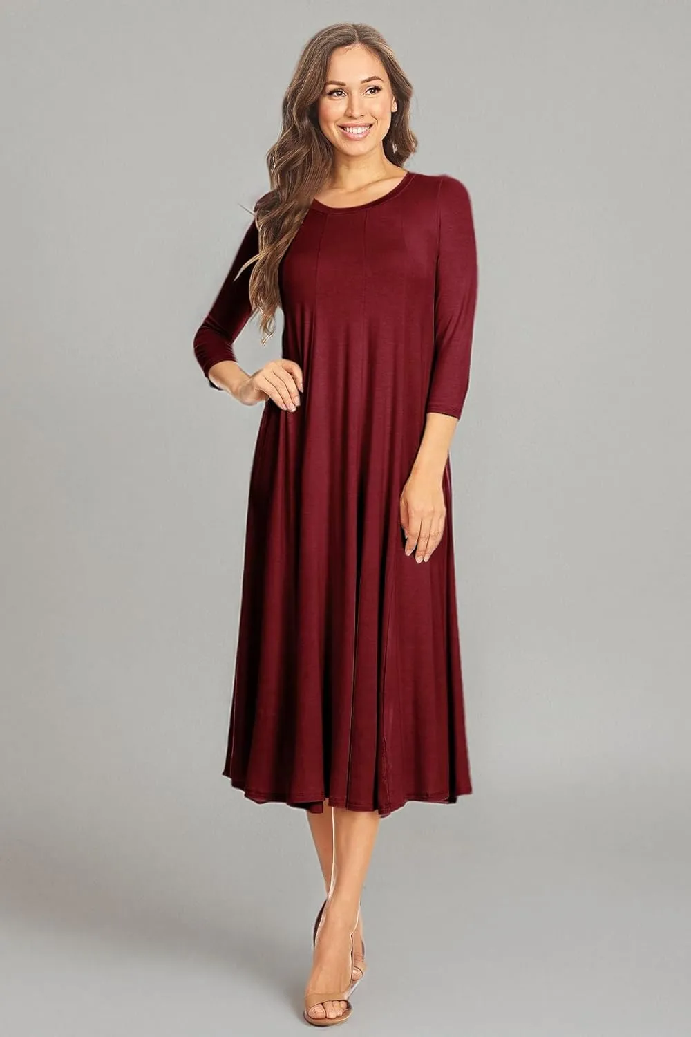 Women's Casual Basic Comfy 3/4 Sleeve Flare A-line Midi Long Maxi Dress Made in USA(S-3XL)
