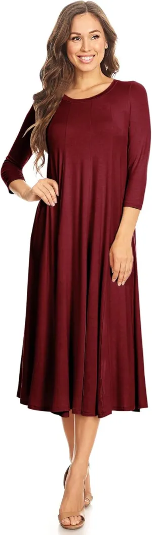Women's Casual Basic Comfy 3/4 Sleeve Flare A-line Midi Long Maxi Dress Made in USA(S-3XL)