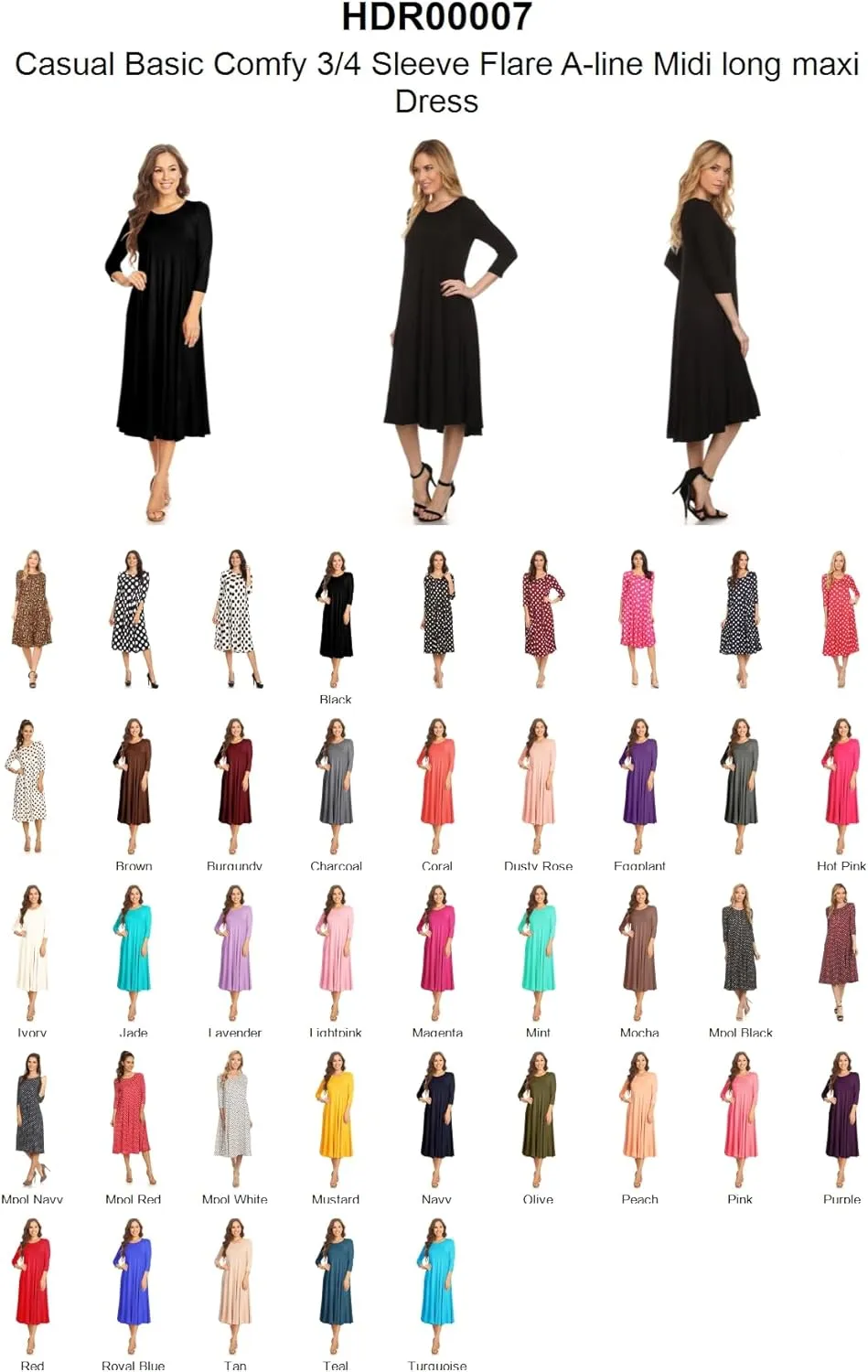 Women's Casual Basic Comfy 3/4 Sleeve Flare A-line Midi Long Maxi Dress Made in USA(S-3XL)