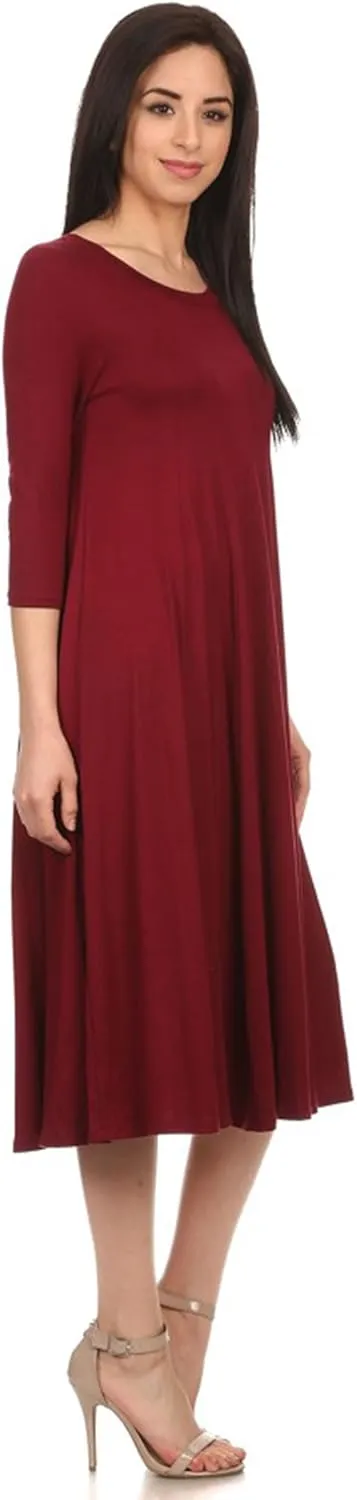 Women's Casual Basic Comfy 3/4 Sleeve Flare A-line Midi Long Maxi Dress Made in USA(S-3XL)