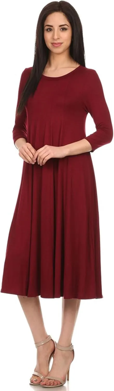 Women's Casual Basic Comfy 3/4 Sleeve Flare A-line Midi Long Maxi Dress Made in USA(S-3XL)