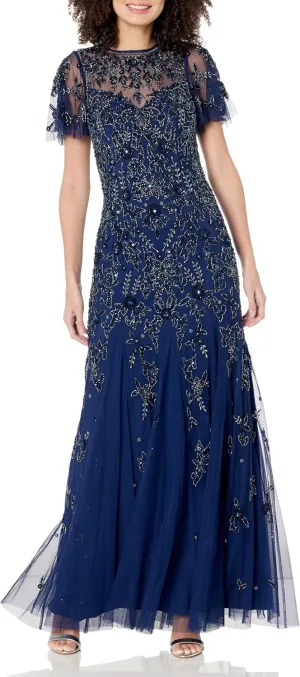 Women's Flutter Sleeve Beaded Gown