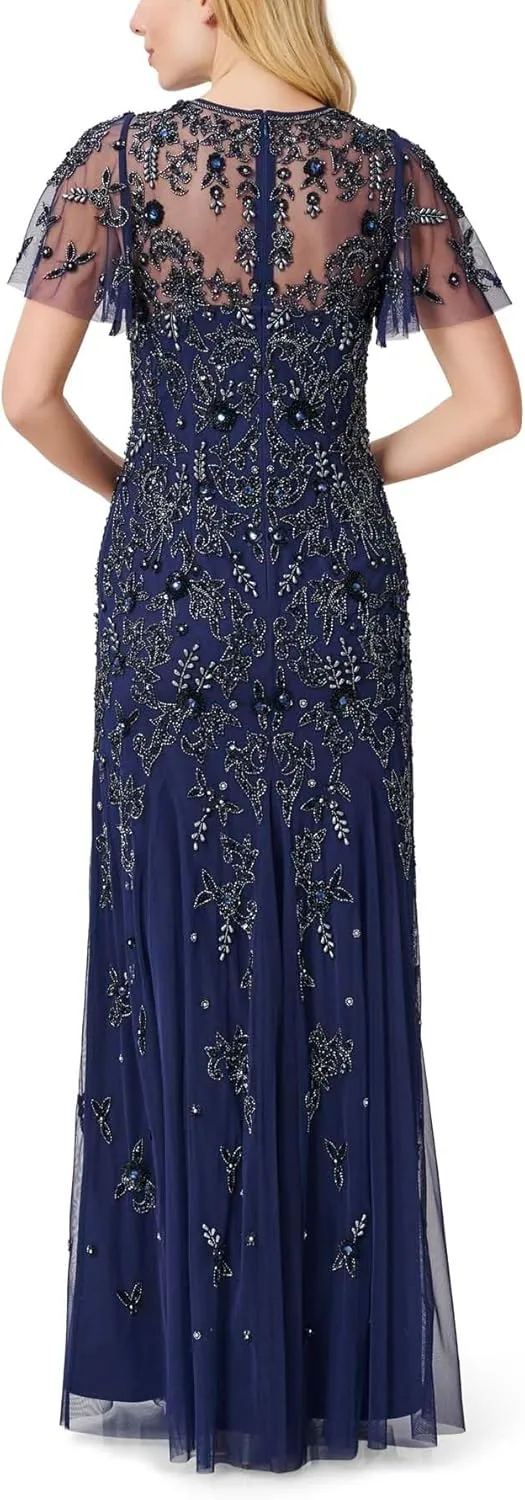 Women's Flutter Sleeve Beaded Gown