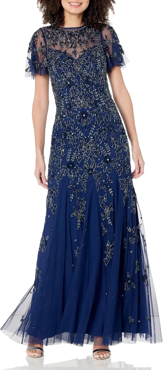 Women's Flutter Sleeve Beaded Gown