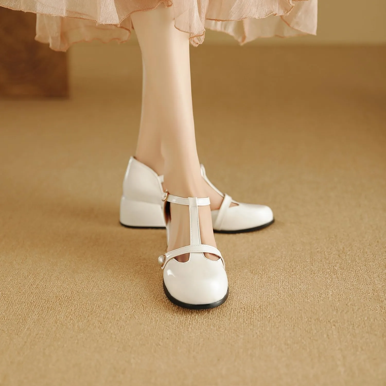 Women's JS31 Square Heels Beaded Low Top Patent-Leather Low Block D-Orsay Pumps