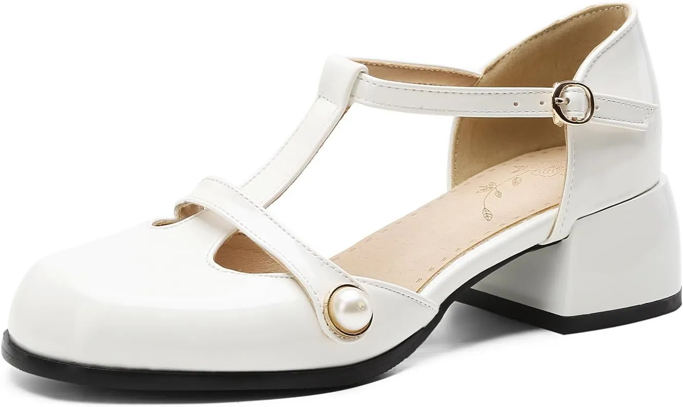 Women's JS31 Square Heels Beaded Low Top Patent-Leather Low Block D-Orsay Pumps