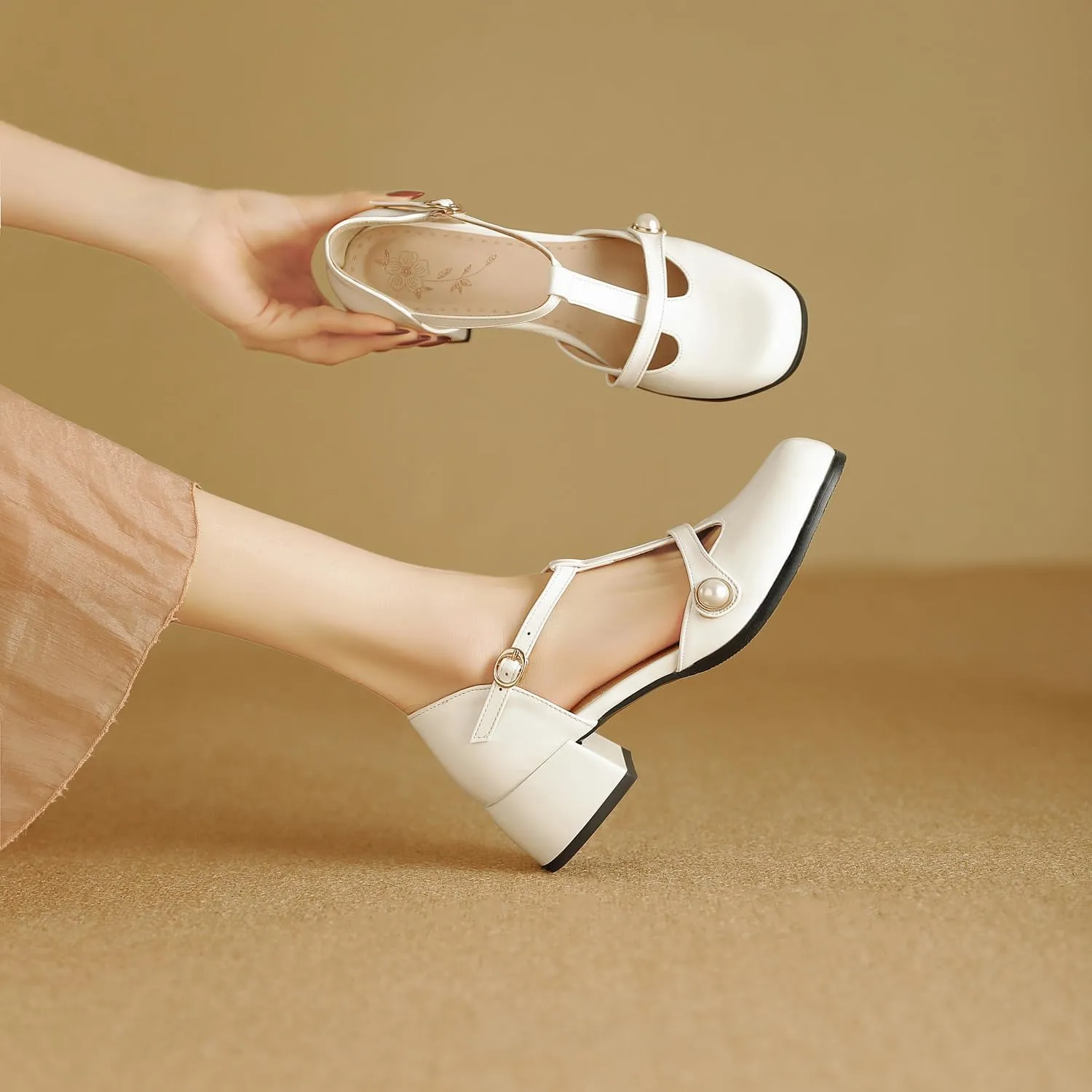 Women's JS31 Square Heels Beaded Low Top Patent-Leather Low Block D-Orsay Pumps