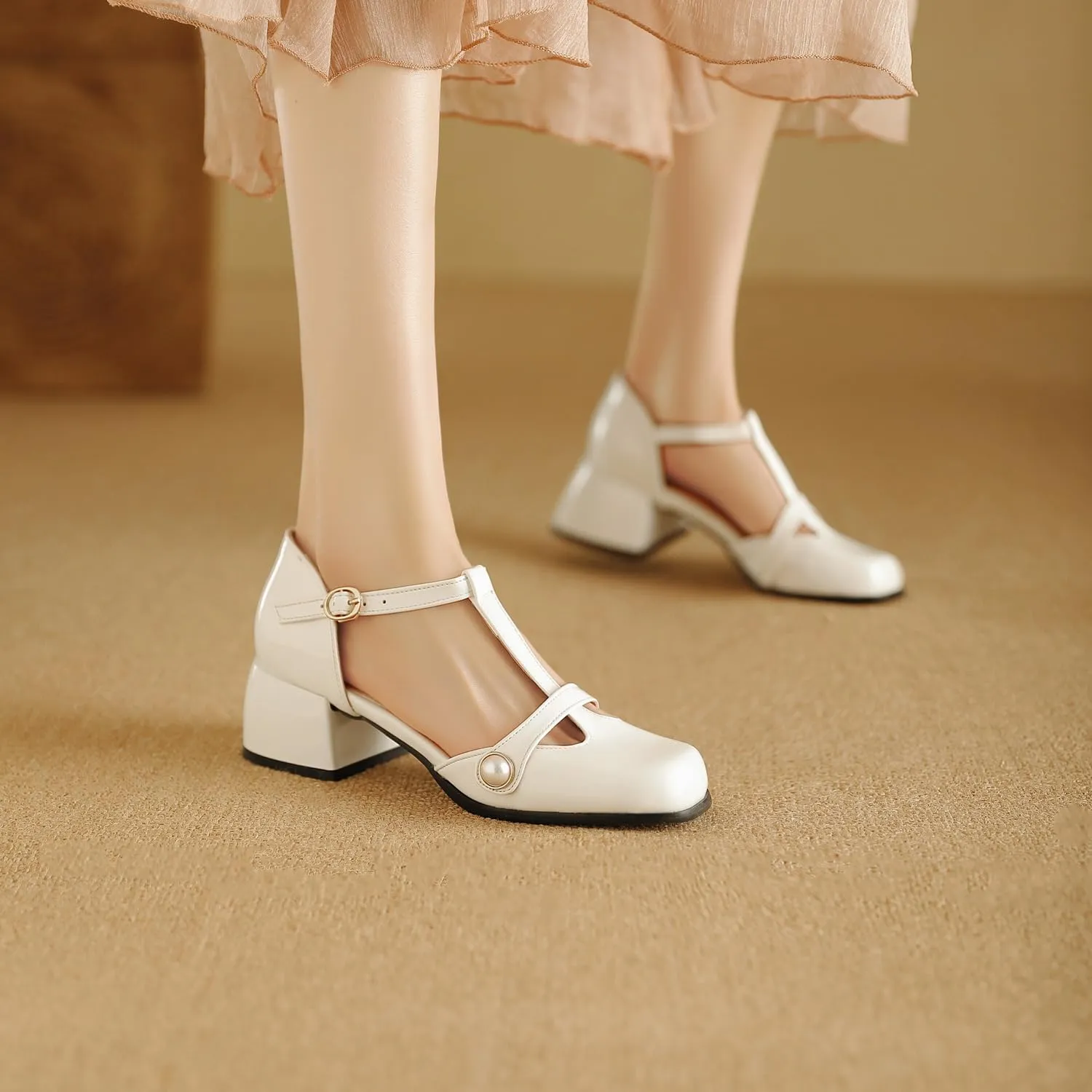 Women's JS31 Square Heels Beaded Low Top Patent-Leather Low Block D-Orsay Pumps