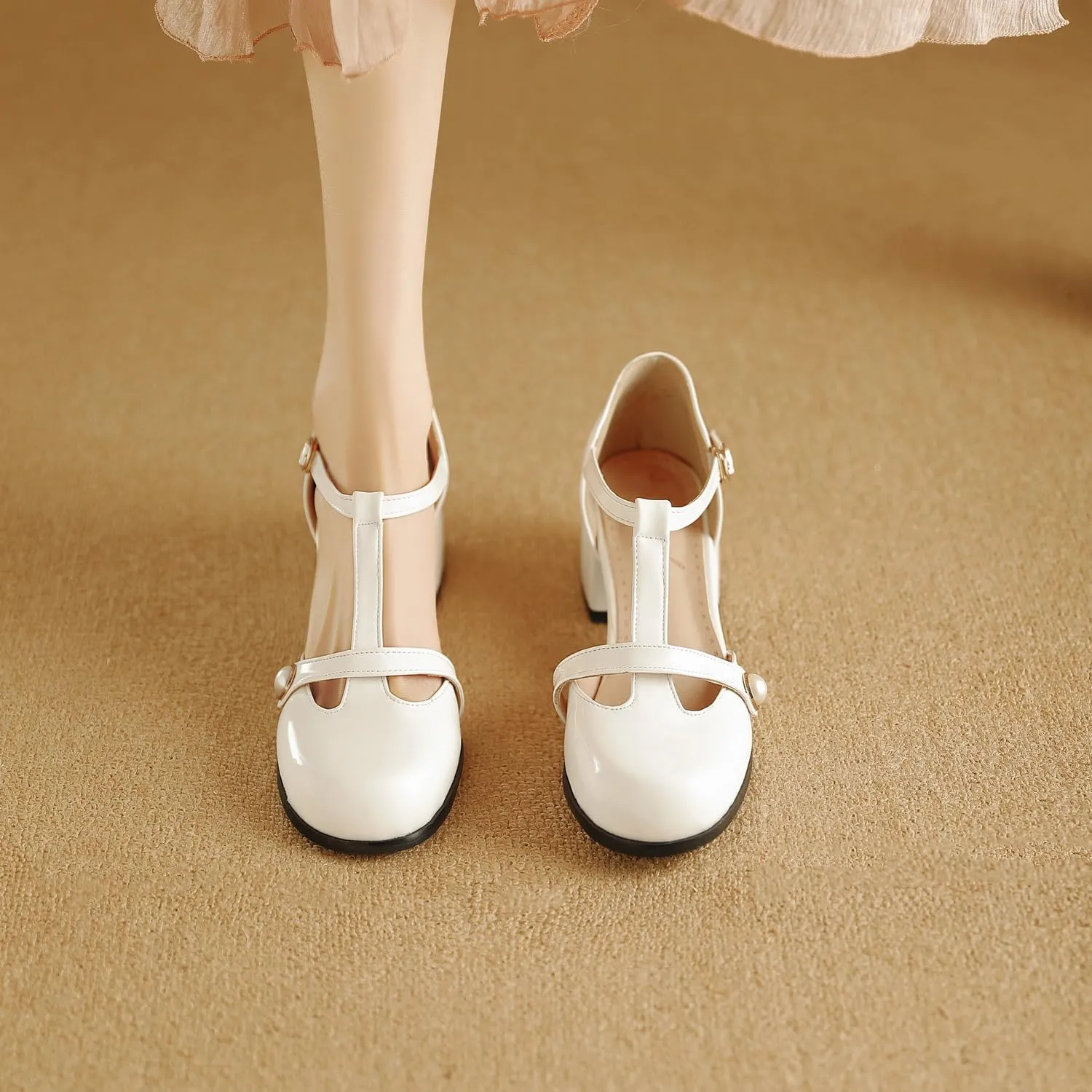 Women's JS31 Square Heels Beaded Low Top Patent-Leather Low Block D-Orsay Pumps