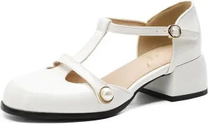 Women's JS31 Square Heels Beaded Low Top Patent-Leather Low Block D-Orsay Pumps