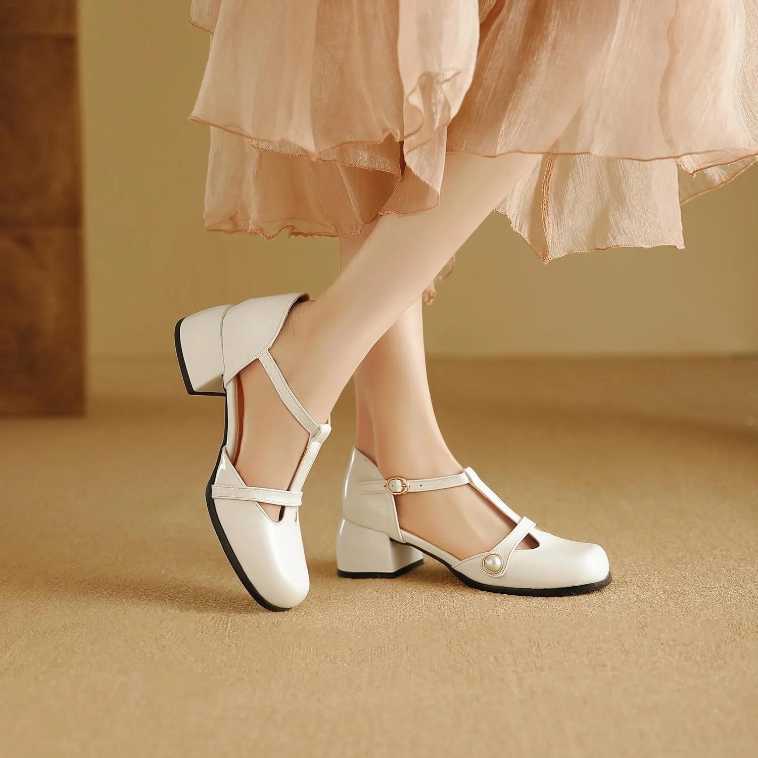 Women's JS31 Square Heels Beaded Low Top Patent-Leather Low Block D-Orsay Pumps
