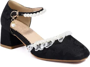 Women's JS44 Square Heels Printing Block Fabric Low Block D-Orsay Pumps
