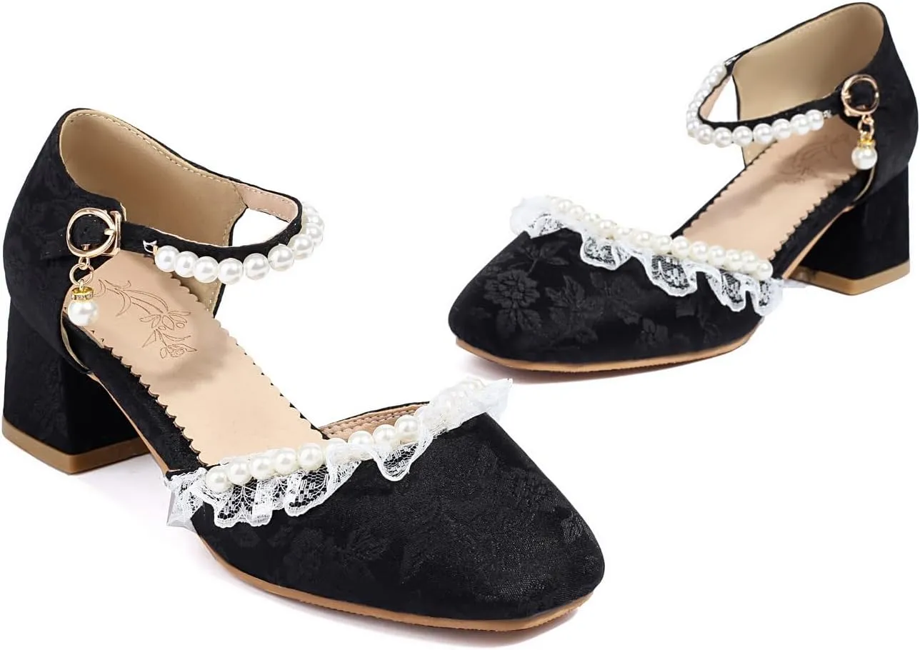 Women's JS44 Square Heels Printing Block Fabric Low Block D-Orsay Pumps