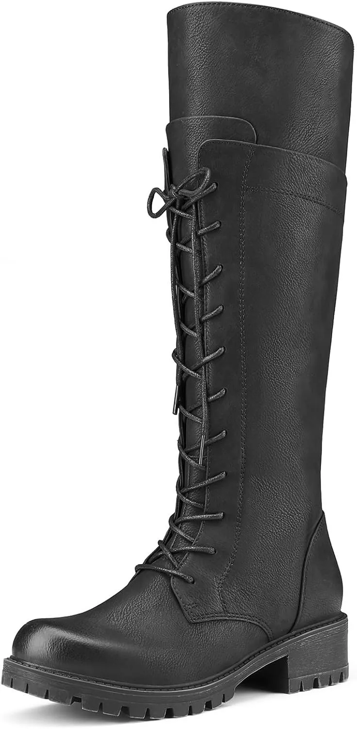 Women's Knee High Combat Boots Riding Biker Boots Lace Up Tall Boots for Women with Zipper