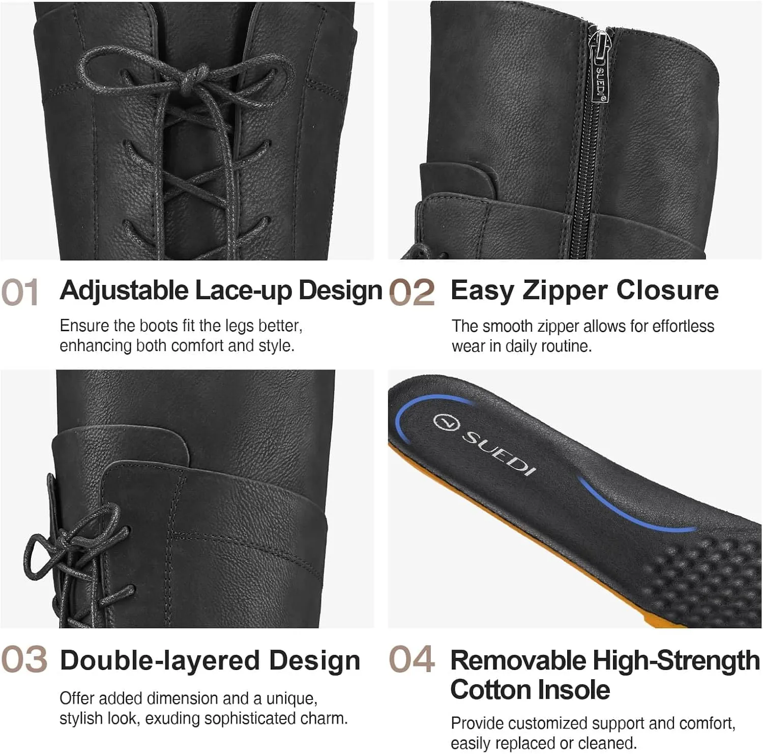 Women's Knee High Combat Boots Riding Biker Boots Lace Up Tall Boots for Women with Zipper