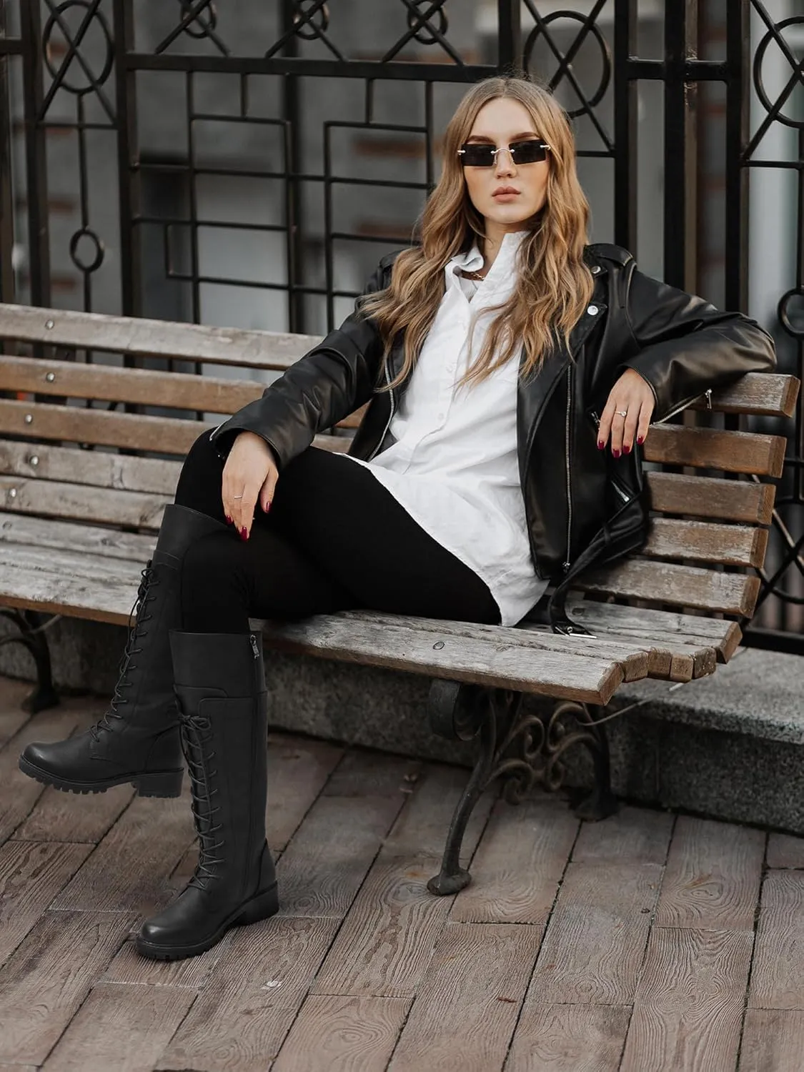 Women's Knee High Combat Boots Riding Biker Boots Lace Up Tall Boots for Women with Zipper
