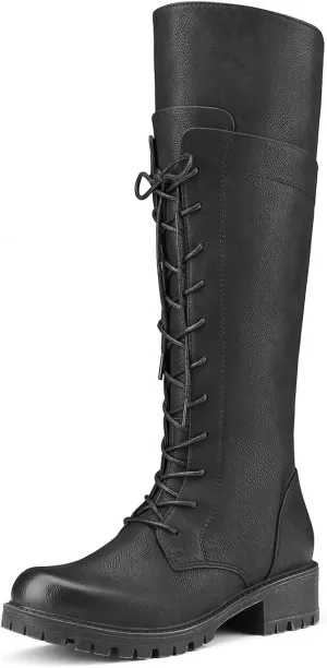 Women's Knee High Combat Boots Riding Biker Boots Lace Up Tall Boots for Women with Zipper