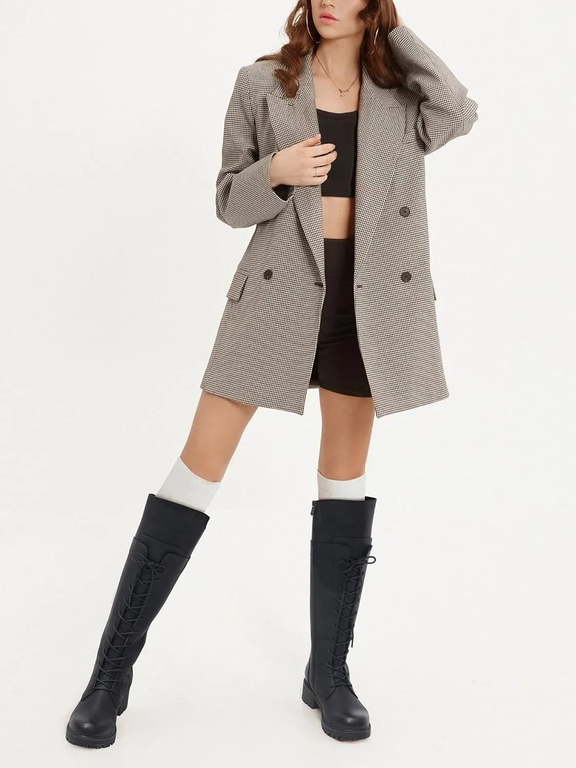 Women's Knee High Combat Boots Riding Biker Boots Lace Up Tall Boots for Women with Zipper