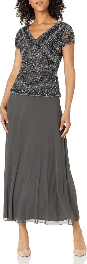 Women's Long Mock 2-Piece Beaded Dress with Double V-Neck
