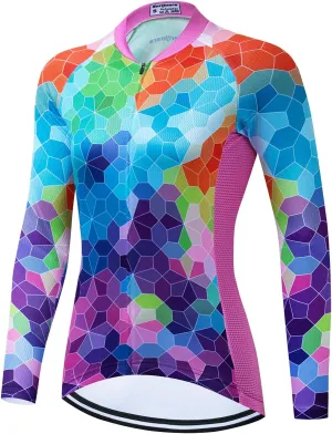 Women's Long Sleeve Cycling Jersey, Quick Dry Bike Top with Reflective Strip, Zipper and Pockets
