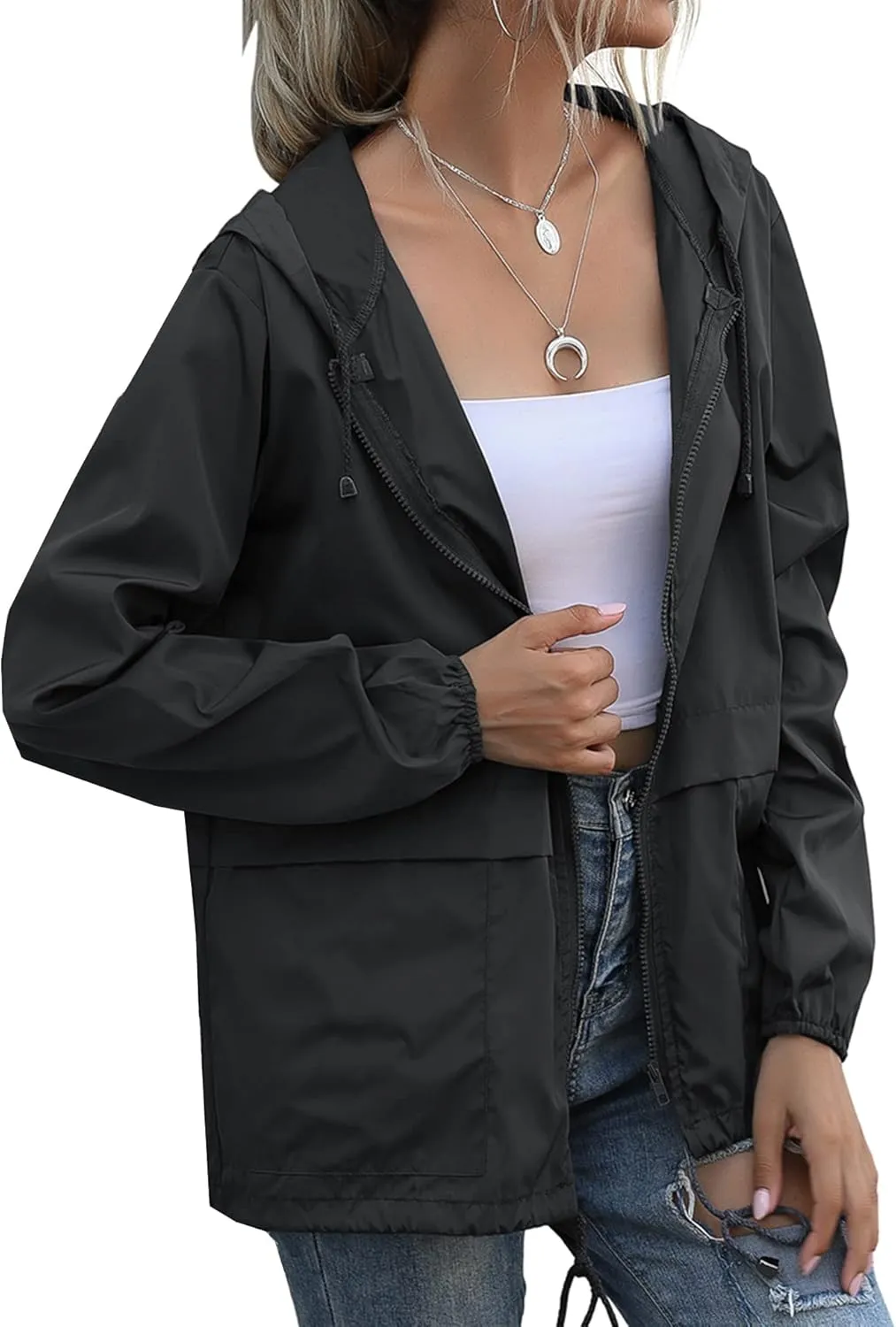 Women's Raincoats Lightweight Waterproof Windproof Adjustable Windbreaker Rain Jackets Hooded with Pockets S-XXL