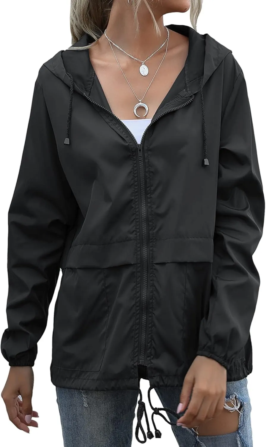 Women's Raincoats Lightweight Waterproof Windproof Adjustable Windbreaker Rain Jackets Hooded with Pockets S-XXL