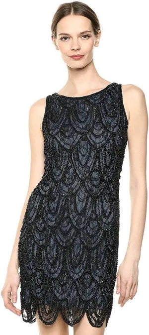 Women's Short Sleeveless Dress Featuring Lace and Beaded Motif