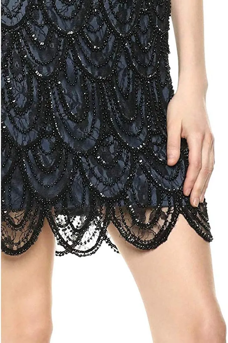 Women's Short Sleeveless Dress Featuring Lace and Beaded Motif