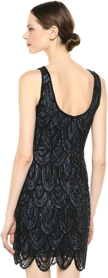 Women's Short Sleeveless Dress Featuring Lace and Beaded Motif
