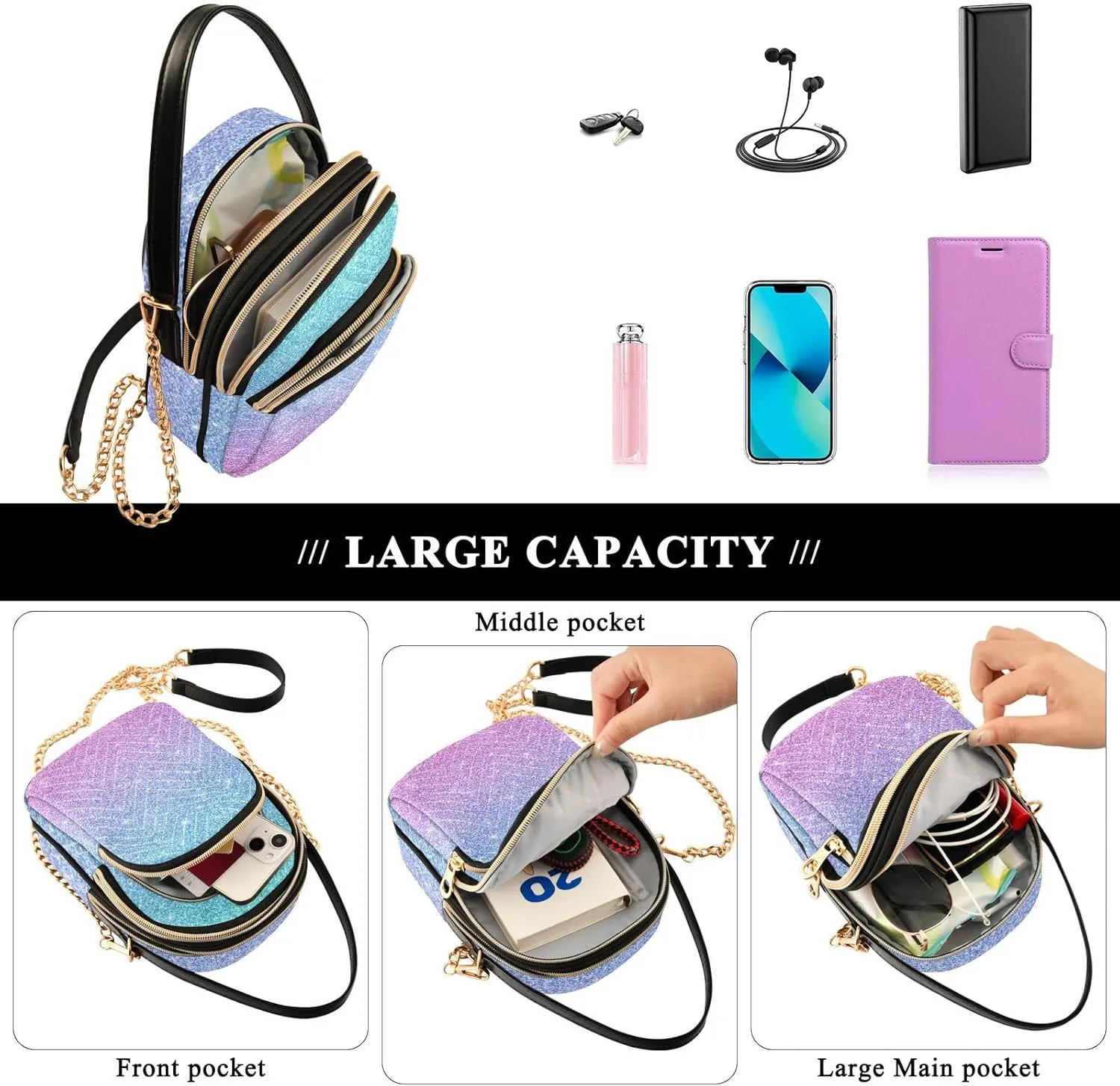 Women's Wave Cross Body Chest Bag, 52 inch Gold Chain Shoulder Handbag Purse
