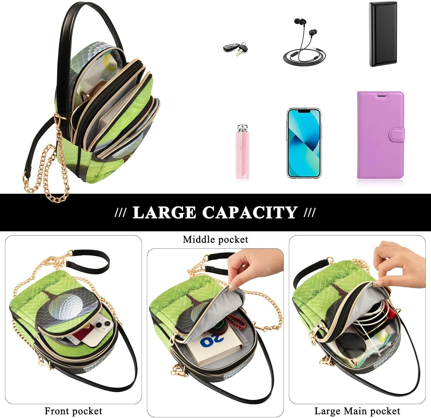 Women's Wave Cross Body Chest Bag, 52 inch Gold Chain Shoulder Handbag Purse