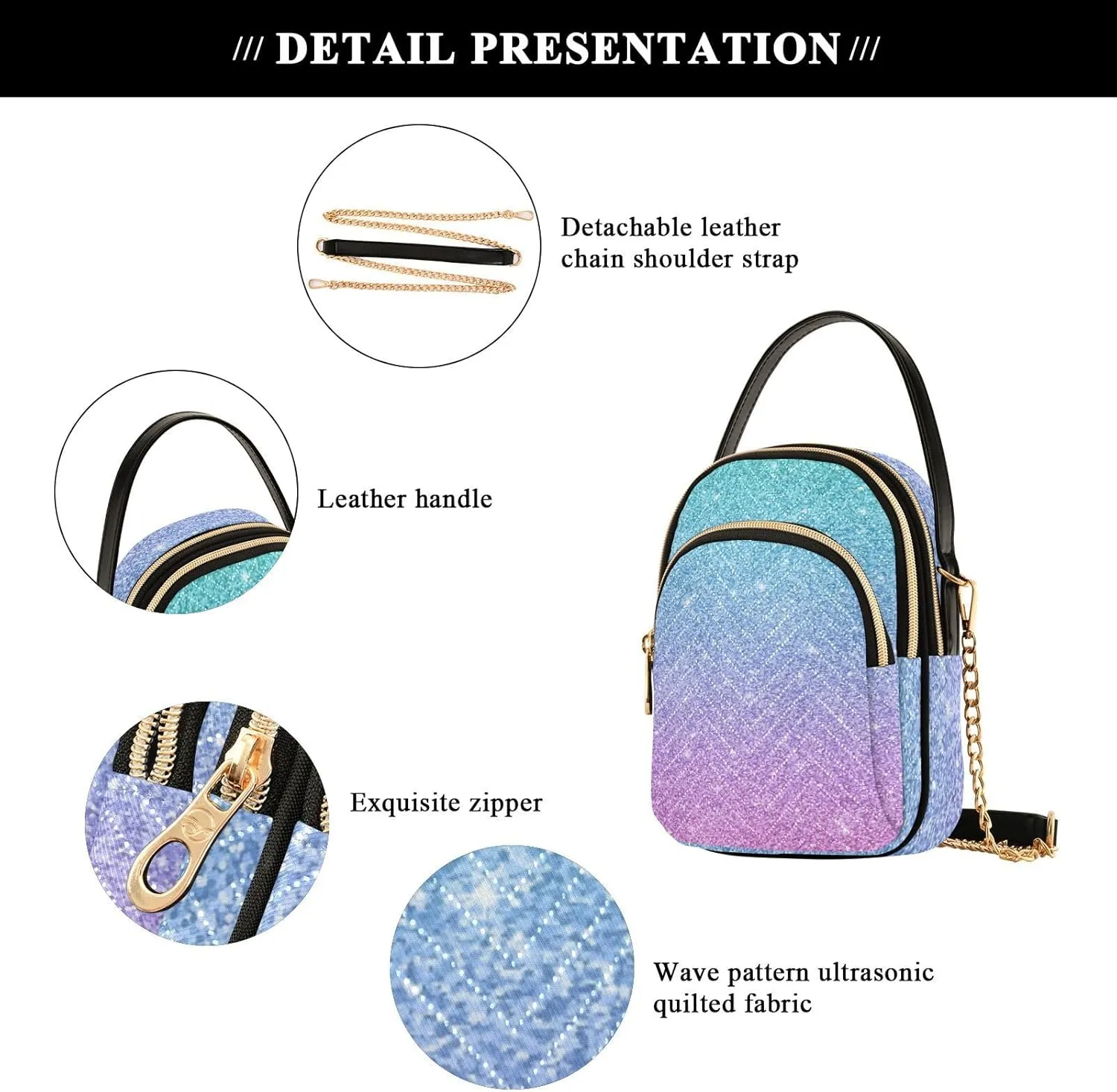 Women's Wave Cross Body Chest Bag, 52 inch Gold Chain Shoulder Handbag Purse