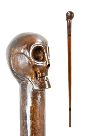 Wooden Skull Designer Head Hand carved Walking Cane - Premium Wood Carved Walking Stick Cane With Ergonomic Palm Grip Handle - 36" Brown Handmade Elegant Carved Walking Stick For Men Women