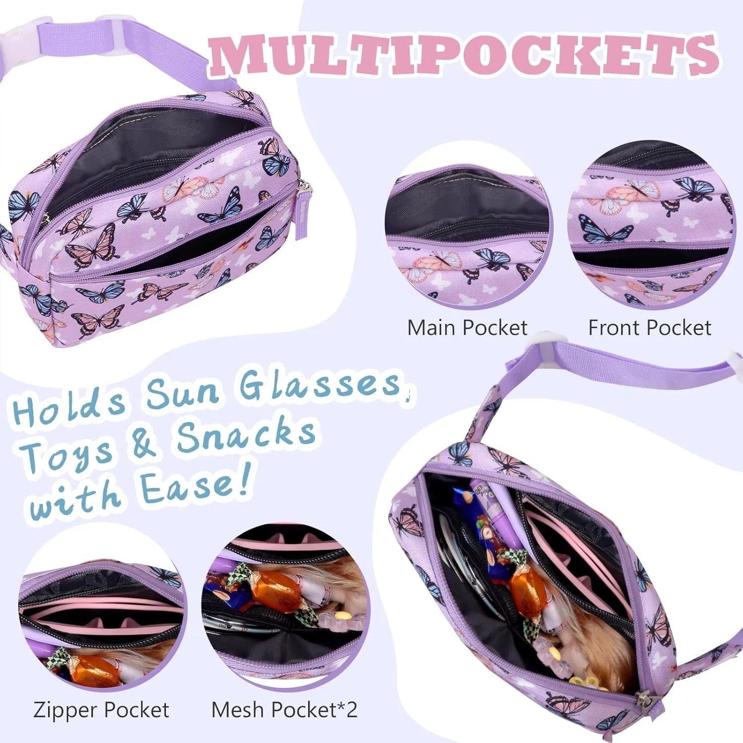 WOOMADA Fanny Pack, Crossbody Bag Waist Bag with Adjustable Waistband, Cute Belt Bag for Gifts(Purple Butterfly)