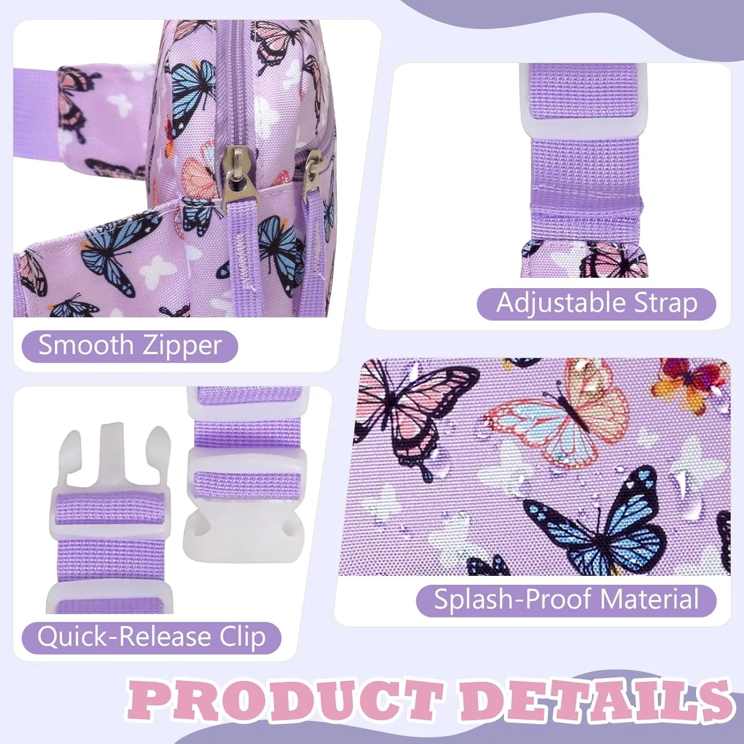 WOOMADA Fanny Pack, Crossbody Bag Waist Bag with Adjustable Waistband, Cute Belt Bag for Gifts(Purple Butterfly)
