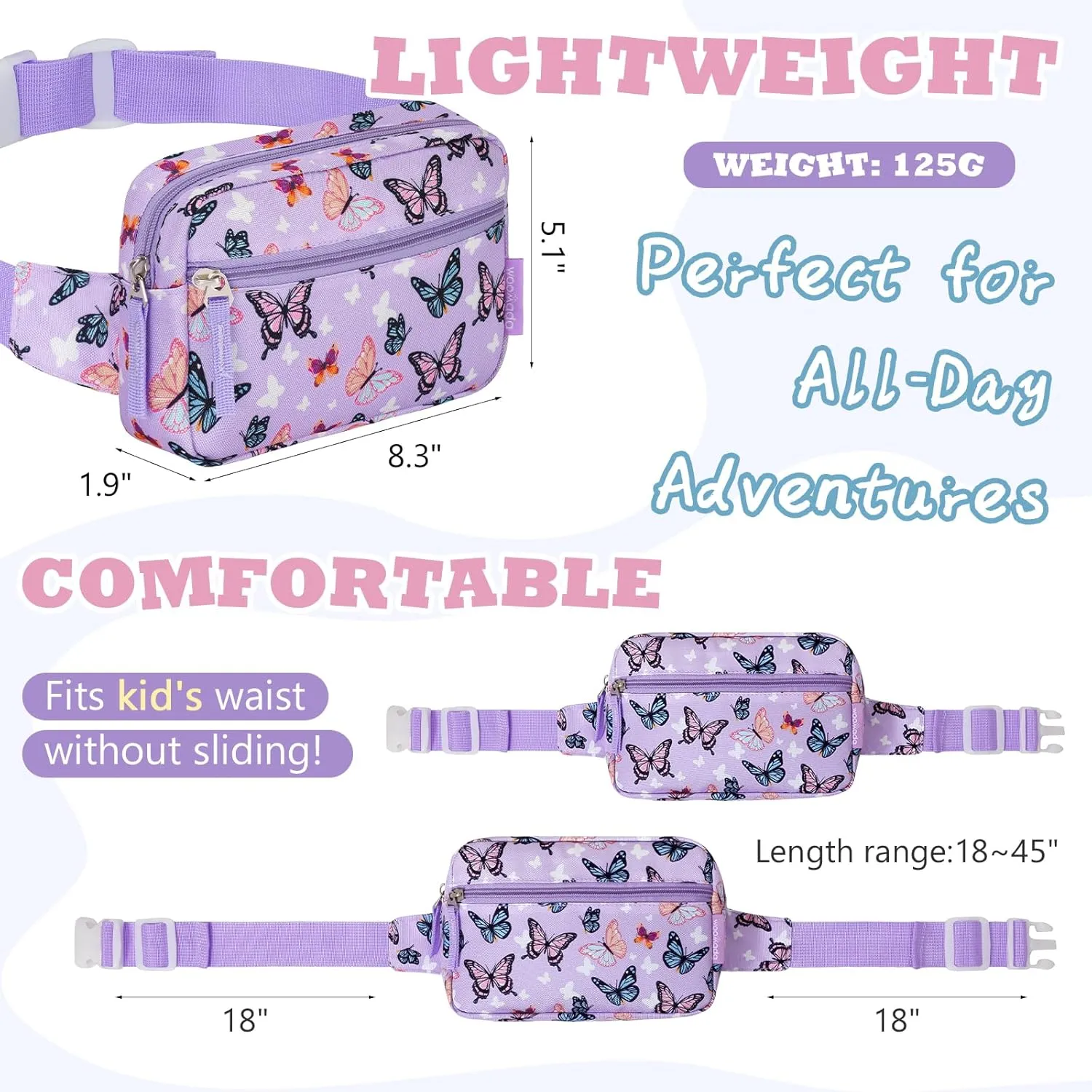 WOOMADA Fanny Pack, Crossbody Bag Waist Bag with Adjustable Waistband, Cute Belt Bag for Gifts(Purple Butterfly)