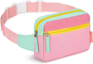 WOOMADA Fanny Pack for Kids, Crossbody Bag Waist Bag with Adjustable Waistband, Cute Belt Bag for Gifts(Turquoise&Pink)