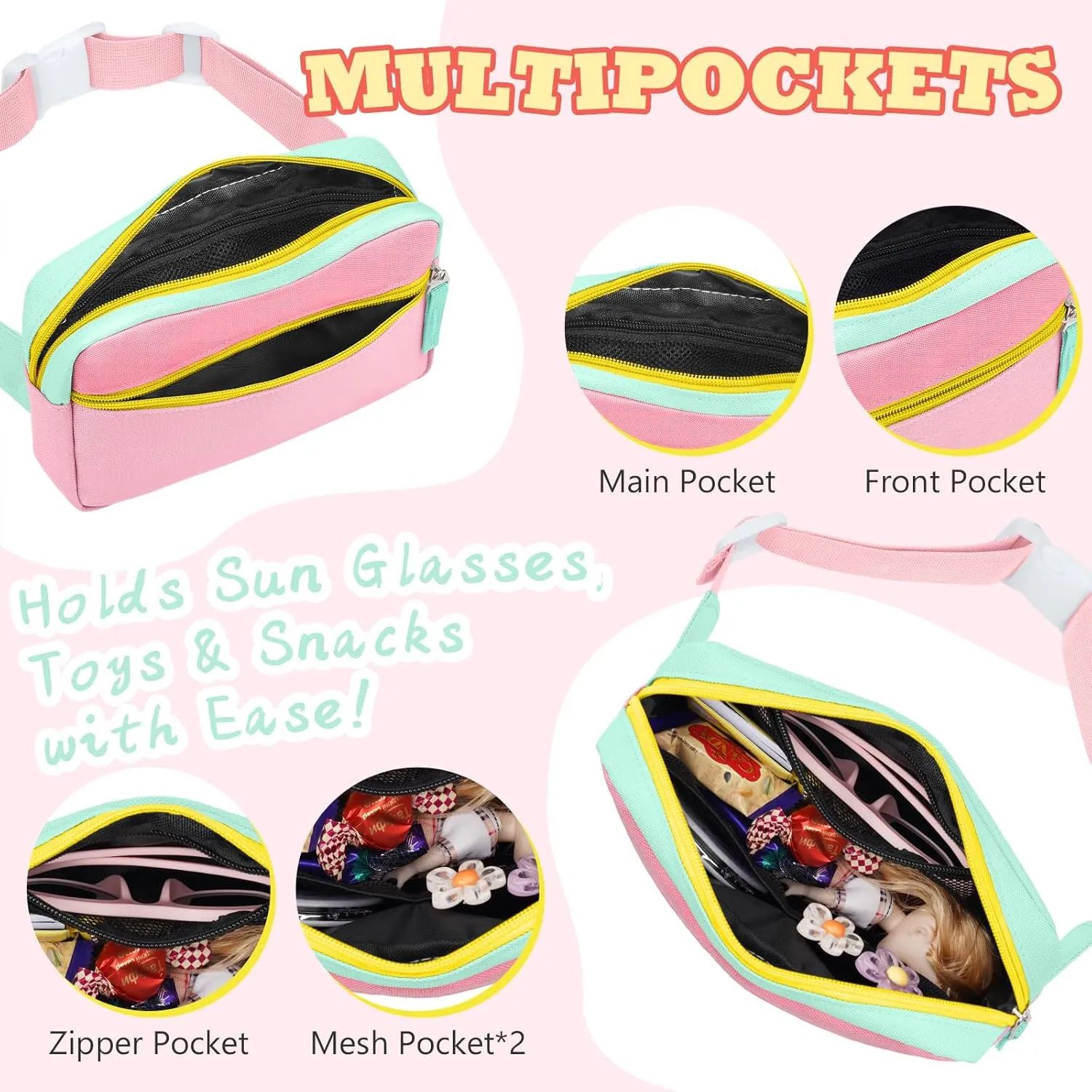 WOOMADA Fanny Pack for Kids, Crossbody Bag Waist Bag with Adjustable Waistband, Cute Belt Bag for Gifts(Turquoise&Pink)