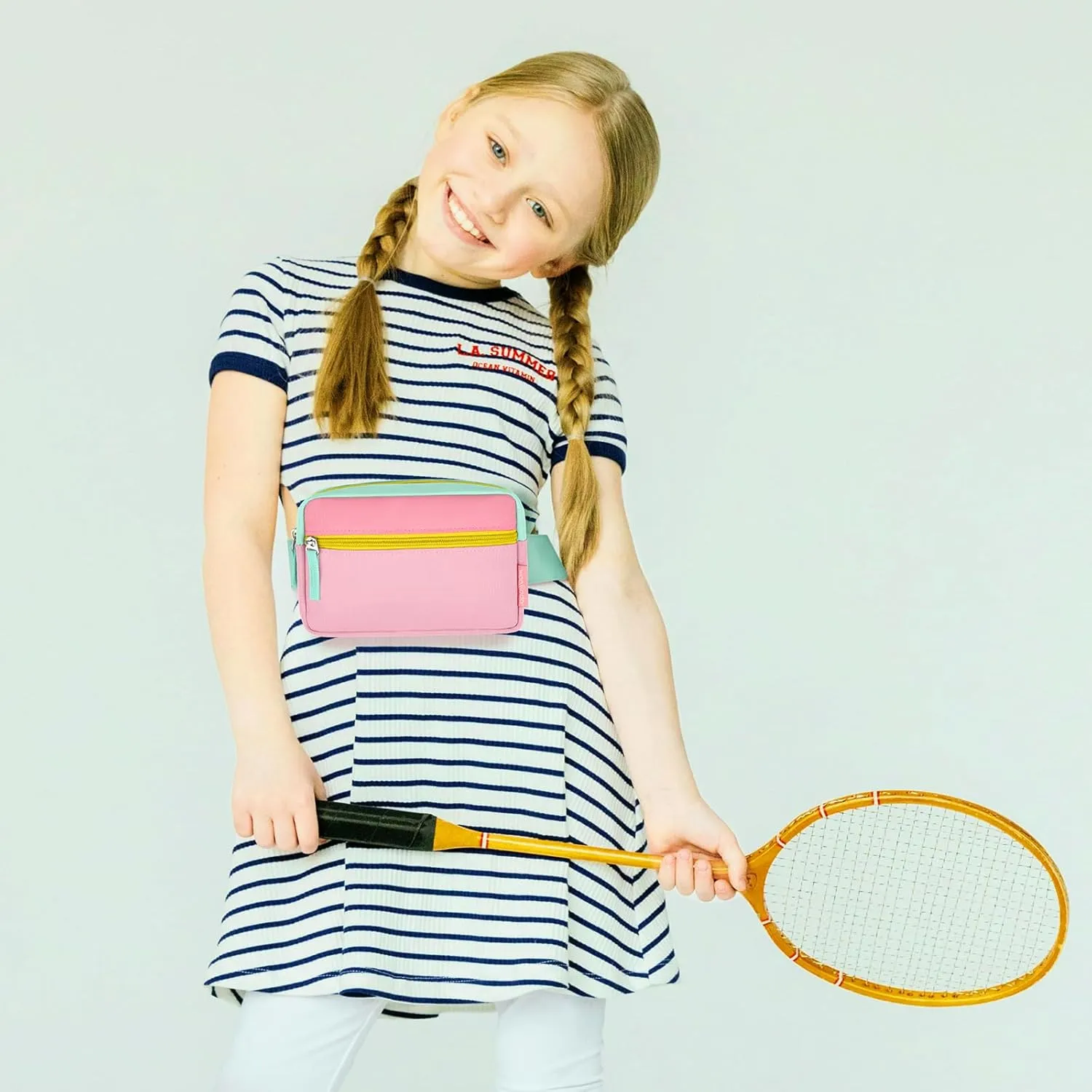 WOOMADA Fanny Pack for Kids, Crossbody Bag Waist Bag with Adjustable Waistband, Cute Belt Bag for Gifts(Turquoise&Pink)