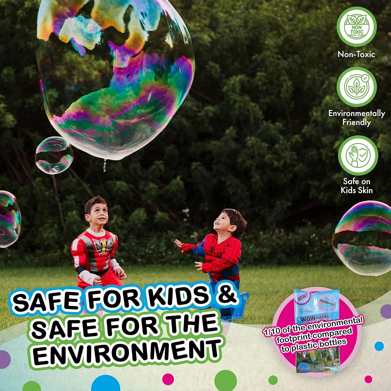 WOWmazing Giant Bubble Wands Kit: (4-Piece Set) | Incl. Wand, Big Bubble Concentrate and Tips & Trick Booklet | Outdoor Toy for Kids, Boys, Girls | Bubbles Made in The USA