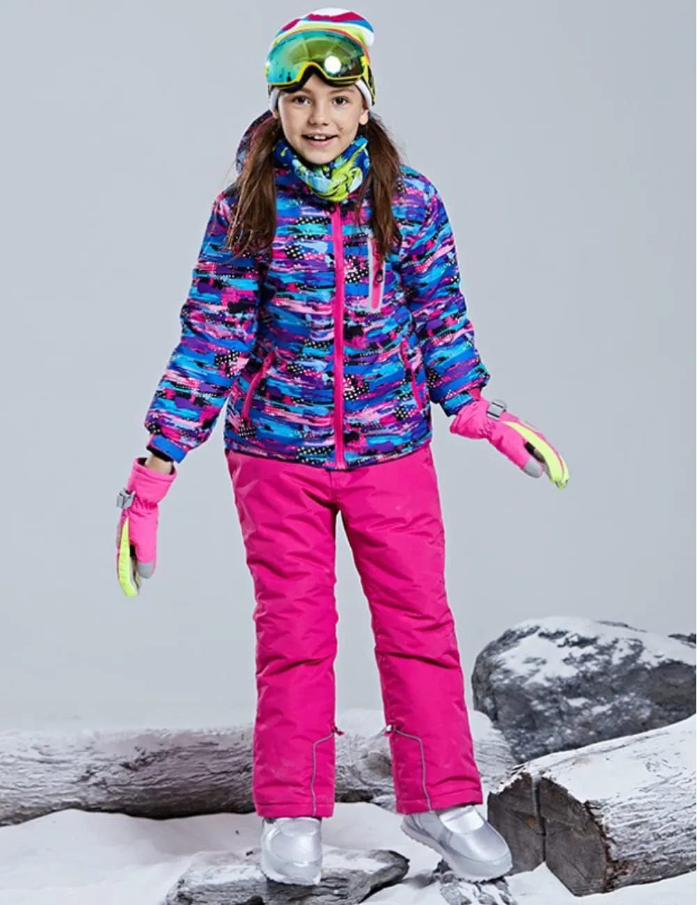 WOWULOVELY Girls Thicken Warm Snowsuit Hooded Ski Jacket Pants 2 Pcs Set Skiing Jacket with Pants